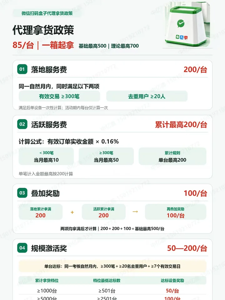 微信支付扫码盒子85元拿货与奖励政策
